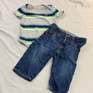 GAP - Striped Baby Short Sleeve Onesie Top and Denim Jeans Set
